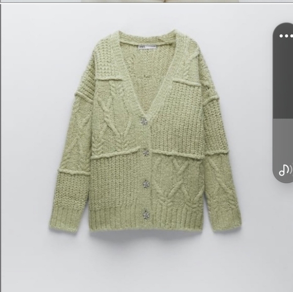 Zara Sweaters - ZARA BLOGGER FAVE Pistachio Mint Green Wool Cableknit Jewel Button Cardigan M